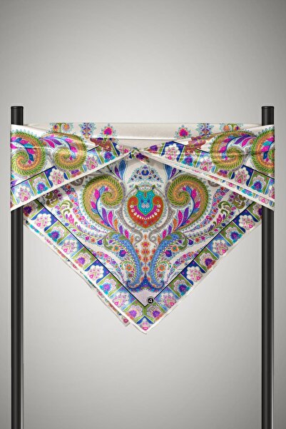 Vissona 100% Twill Silk Ethnic Patterned Cream Colored 90X90 Planting Shape : Hand Sewing Scarf