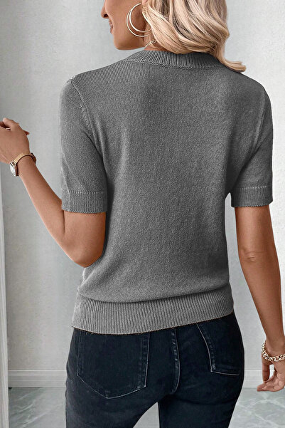 AQE FASHION Μπλούζα με λαιμόκοψη Lycra με κοντό μανίκι γκρι