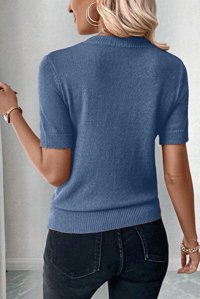 AQE FASHION Велосипедна комір з еластаном, короткий рукав, блуза кольору індиго