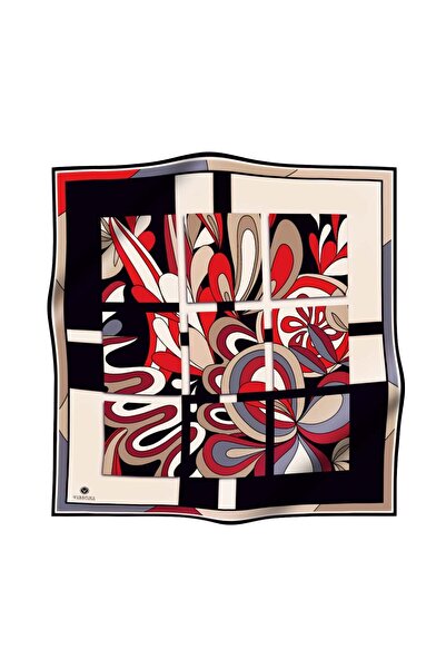 Vissona 57% Silk 43% Viscosa Twill Silk Geometric Patterned Beige - Red Color 90X90 Sewing Shape: Hand Sewing