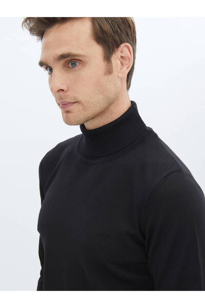 Kip Siyah Tam Balıkçı Yaka Yün Karışımlı Triko Kazak