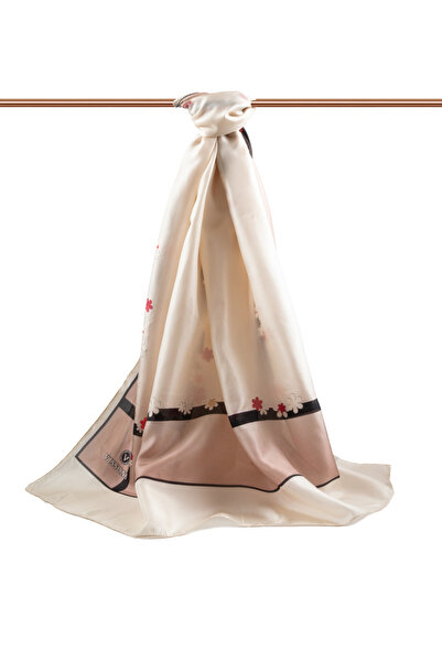 Vissona 100% Silk Floral Patterned Cream Colored 92X210 Shawl