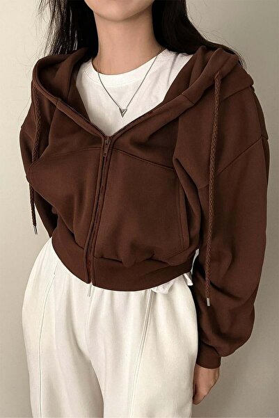 Karakedi Brown Crop Top Thick Fabric Hooded Crop Cardigan