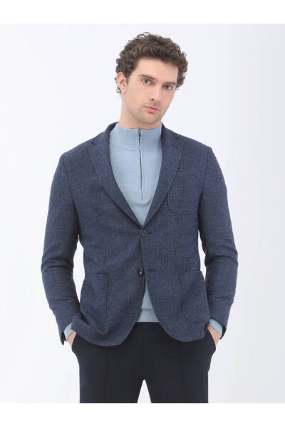Kip Indigo Micro Modern Fit Wool Blended Jacket