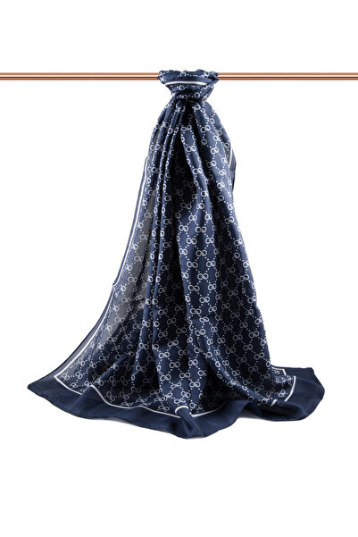 Vissona 100% Silk Tiny Motif Patterned Navy Blue - Cream Colored 92X210 Shawl