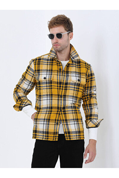 Kip Sarı Kareli Regular Fit Dokuma Pamuk Karışımlı Overshırt