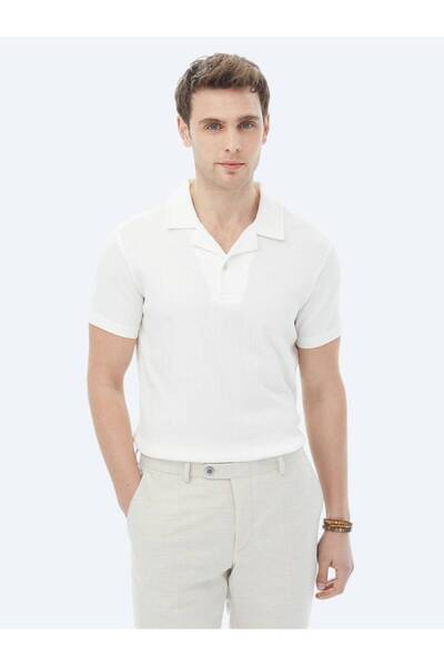 Kip Cotton Blended White T-Shirt - Jacquard Cuban Collar