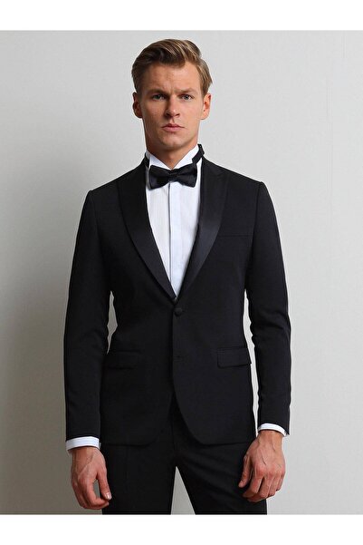 Kip Siyah Düz Slim Fit Çıkarılabilir Kruvaze Yaka Dokuma Smokin Takım Elbise