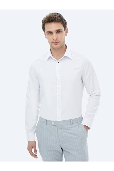 Kip Beyaz Regular Fit Dokuma Klasik Pamuk Karışımlı Gömlek