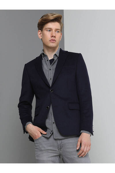 Kip Navy Blue Plain Modern Fit Wool Blend Jacket