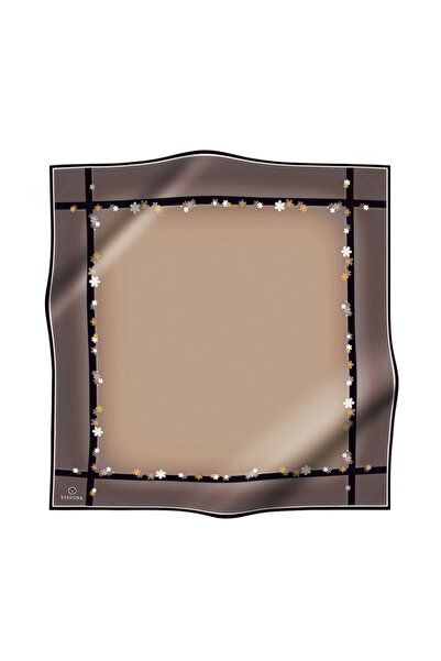 Vissona 100% Twill Silk Edge Motif Floral Patterned Beige - Black Colored 90X90 Scarf Planting Shape: Hand Sewing