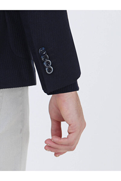 Kip Navy Blue Striped Modern Fit Jacket