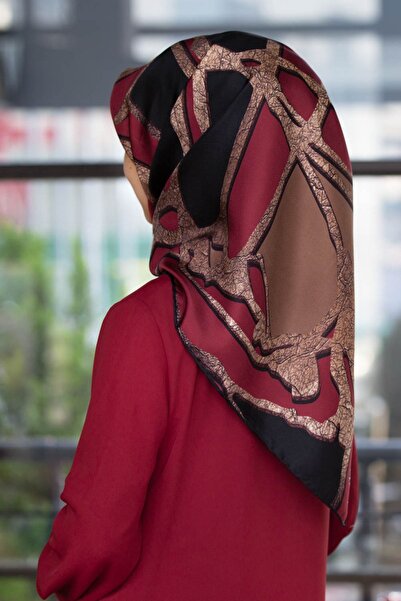Vissona 57% Silk 43% Viscos Twill Silk Gold Effect Geometric Patterned Burgundy - Black Color 90X90 Scarf Erect