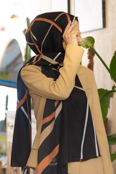 Vissona شال منقوش بخطوط حريرية 100% باللون الأسود - اللون البني الفاتح