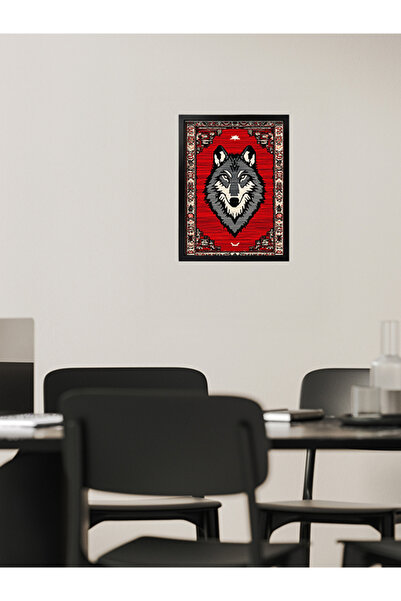 KORTEKS DESIGN Çerçeveli Tablo Bozkurt Kilim Desen Türk Kilim Motifi Gray Wolf Rug Poster A3 Siyah Çerçeveli Tablo