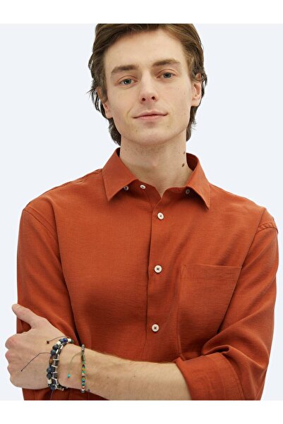 Kip Kiremit Düz Oversize Fit Dokuma Casual Gömlek