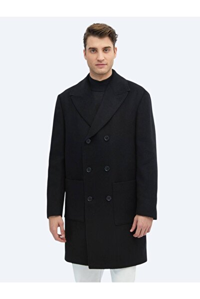 Kip Siyah Regular Fit Kruvaze Yaka Klasik Dokuma Palto