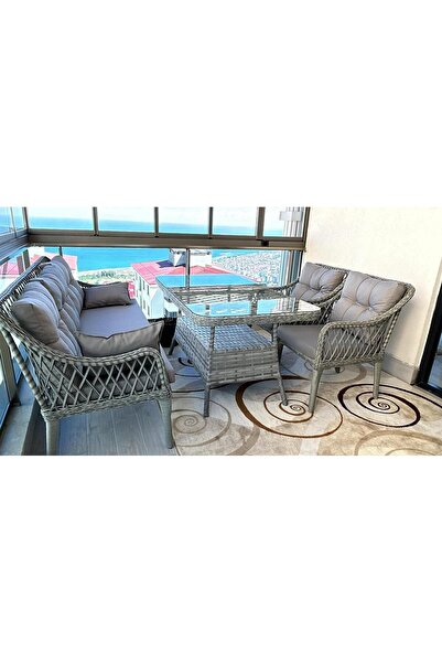 Tu Tienda KAŞ ALÜMİNYUM 3+1+1+MASA RATTAN BAHÇE BALKON MOBİLYASI,RATTAN GRİ/KUMAŞ GRİ