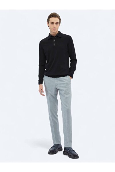 Kip Siyah Polo Yaka Düz Örgü Triko Kazak