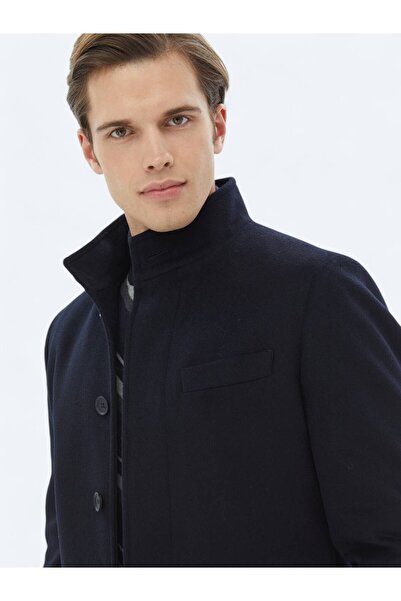 Kip Lacivert Regular Fit Dik Yaka Klasik Dokuma Palto