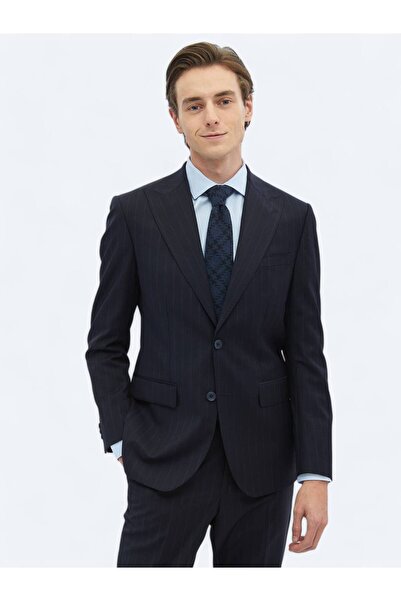 Kip Lacivert Çizgili Modern Fit Yün Karışımlı Takım Elbise