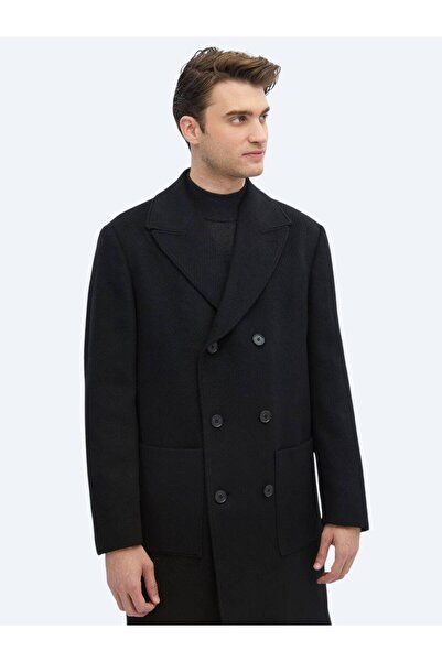 Kip Siyah Regular Fit Kruvaze Yaka Klasik Dokuma Palto