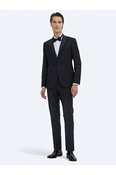 Kip Siyah Düz Slim Fit Çıkarılabilir Kruvaze Yaka Prinç Smokin Takım Elbise
