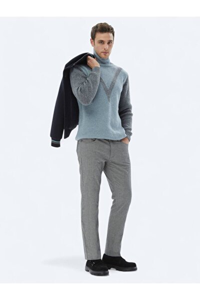 Kip Mint Tam Balıkçı Yaka Desenli Yün Karışımlı Triko Kazak