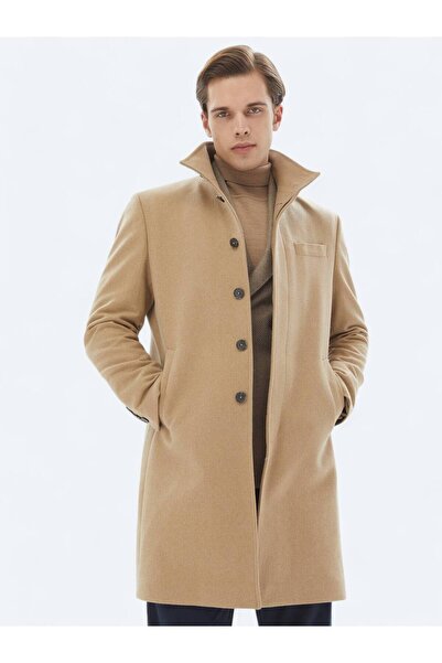 Kip Deve Tüyü Regular Fit Dik Yaka Klasik Dokuma Palto