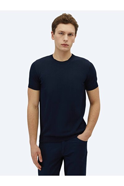 Kip Lacivert Bisiklet Yaka Düz Örgü Triko