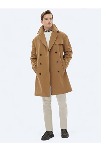 Kip Deve Tüyü Oversize Fit Kruvaze Yaka Casual Dokuma Pardesü