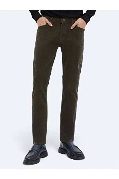 Kip Haki Dokuma Slim Fit Kadife Casual Pamuk Karışımlı Pantolon