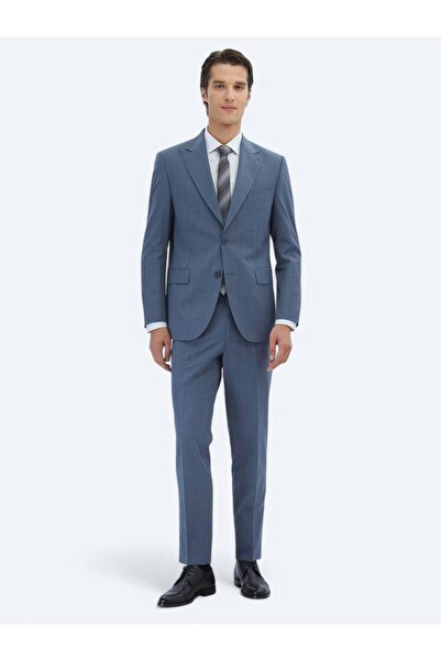 Kip Mavi Çizgili Modern Fit Yün Karışımlı Takım Elbise