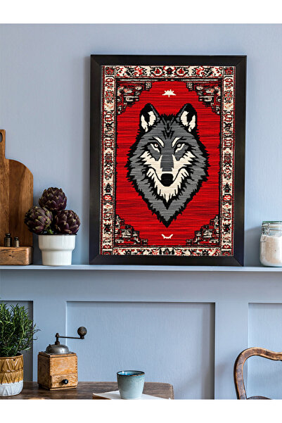 KORTEKS DESIGN Çerçeveli Tablo Bozkurt Kilim Desen Türk Kilim Motifi Gray Wolf Rug Poster A3 Siyah Çerçeveli Tablo