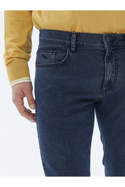 Kip Navy Blue Slim Fit Denim-Cotton Blend Trousers