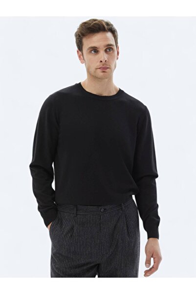 Kip Siyah Bisiklet Yaka Düz Örgü Pamuk Karışımlı Triko Kazak