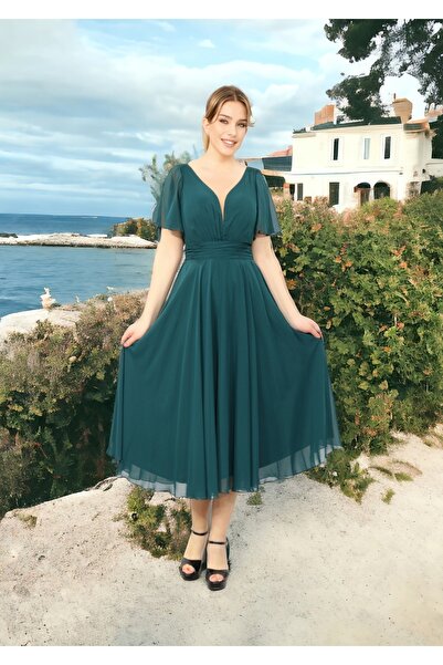 FaBe Fashion KISA KOLLU KALP YAKA BELİ BÜZGÜLÜ MİDİ ŞİFON ELBİSE NİKAH-NİŞAN-SÖZ-DIŞ ÇEKİM