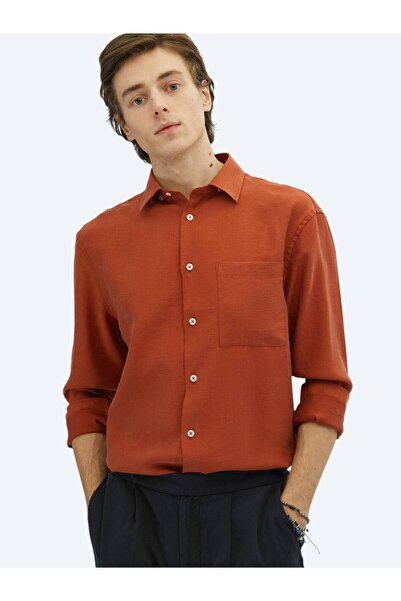 Kip Kiremit Düz Oversize Fit Dokuma Casual Gömlek