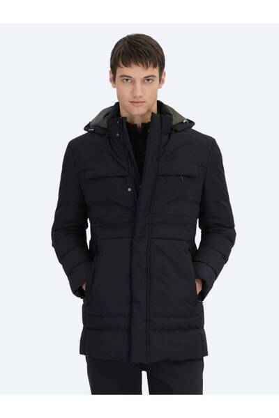 Kip Black Regular Fit Hooded Casual Woven Coat
