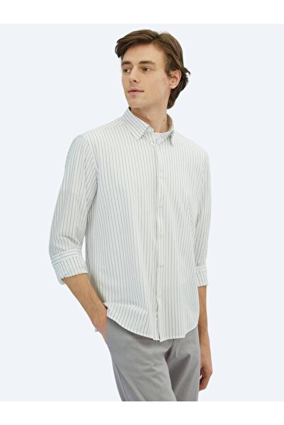 Kip Siyah Çizgili Regular Fit Casual Pamuk Karışımlı Gömlek