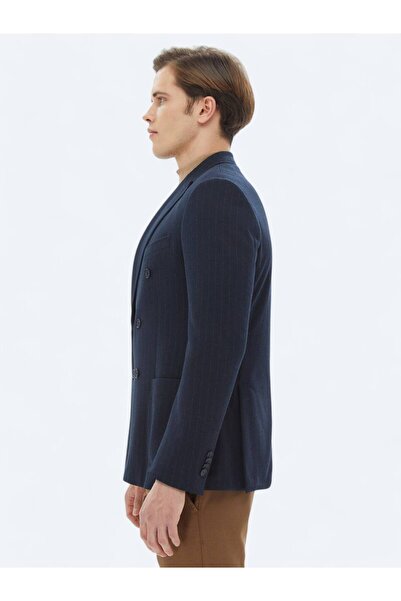Kip Lacivert Çizgili Modern Fit Örme Ceket