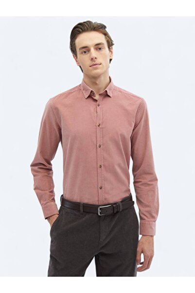 Kip Pembe Fitilli Regular Fit Dokuma Kadife Casual %100 Pamuk Gömlek