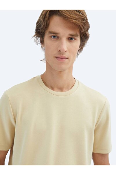 Kip Açık Sarı Düz Bisiklet Yaka T-Shirt