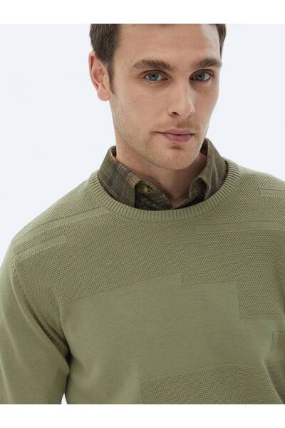 Kip Açık Yeşil Bisiklet Yaka Jakarlı Yün Karışımlı Triko Kazak