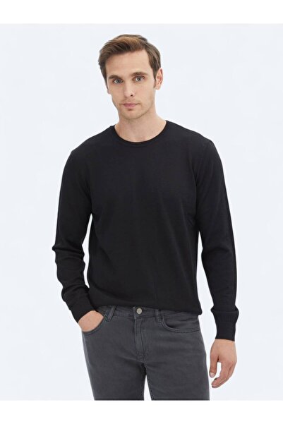 Kip Siyah Bisiklet Yaka Düz Örgü Yün Karışımlı Triko Kazak