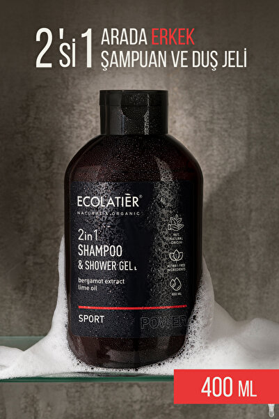 ECOLATIER 2'si 1 Arada Erkek Duş Jeli Ve Şampuan Spor, Canlandırıcı Saç Ve Vücut Şampuanı %98 Doğal, 400 ml