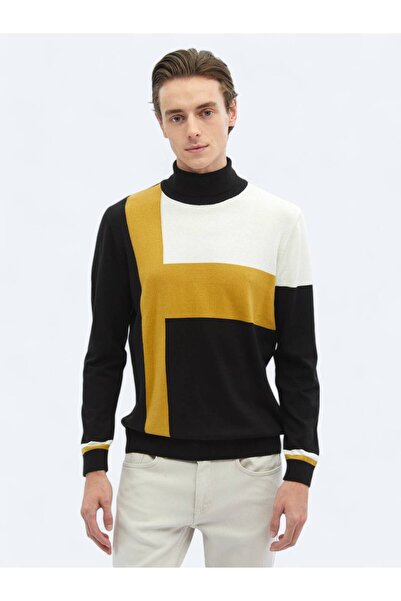 Kip Siyah Tam Balıkçı Yaka Desenli Pamuk Karışımlı Triko Kazak