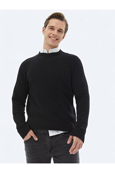 Kip Siyah Bisiklet Yaka Desenli Triko Kazak