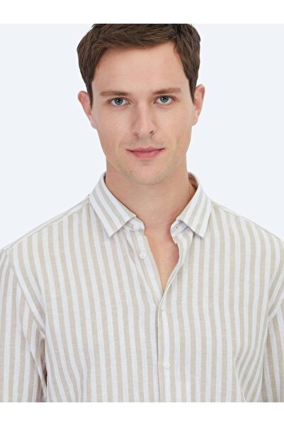 Kip Bej Çizgili Regular Fit Dokuma Casual Pamuk Karışımlı Gömlek