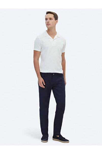 Kip Navy Blue Denim Slim Fit Casual Cotton Blend Trousers